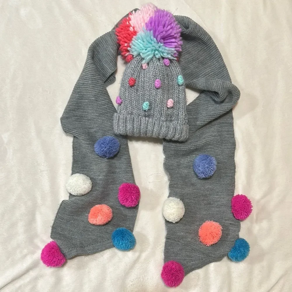 Colorful Pom-Pom Kids Scarf and Hat Set